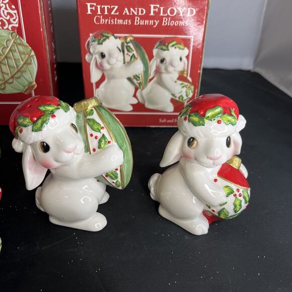 FItz and Floyd Christmas Bunny Blooms 3 Pieces Set Cookie Plate & Salt Pepper - Picture 12 of 14